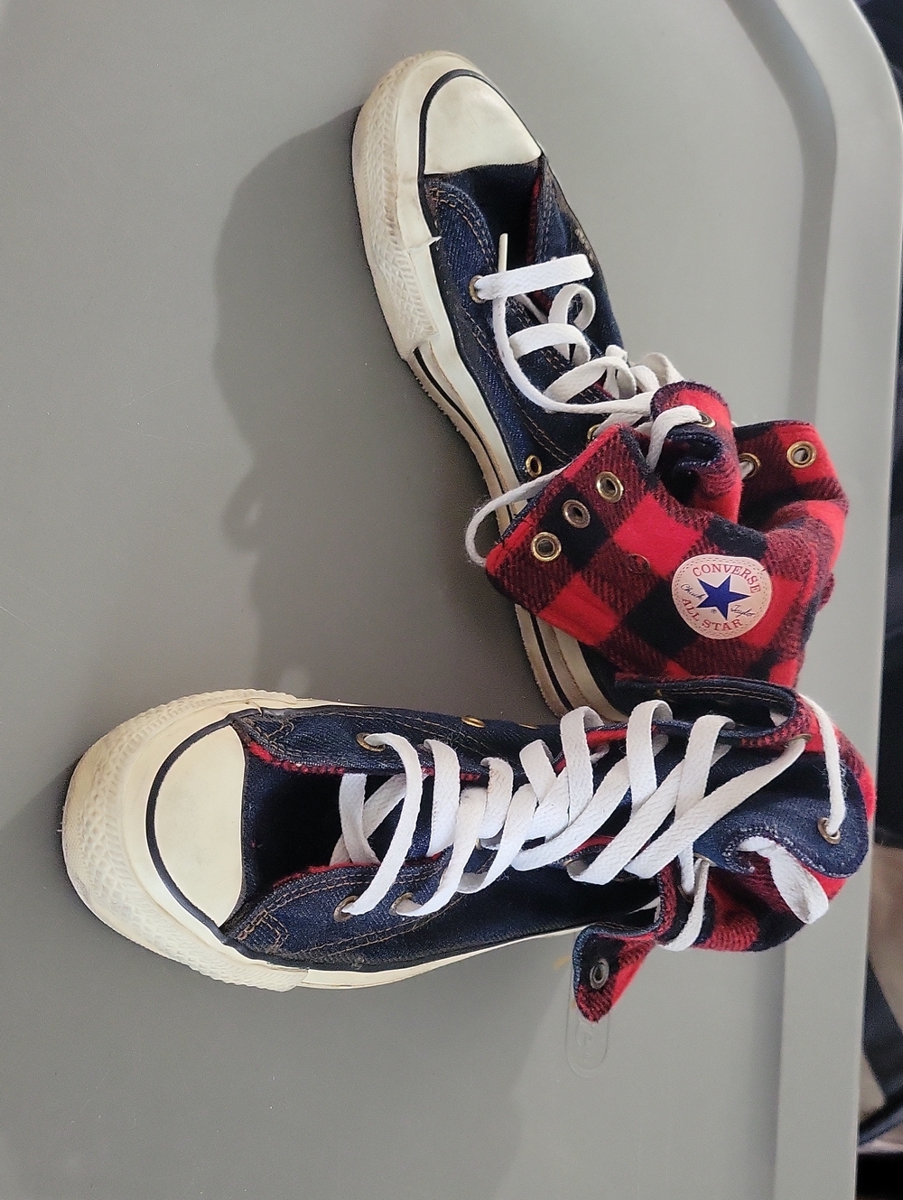 Converse Kids Navy Canvas High-Tops with Red Plaid Cuff